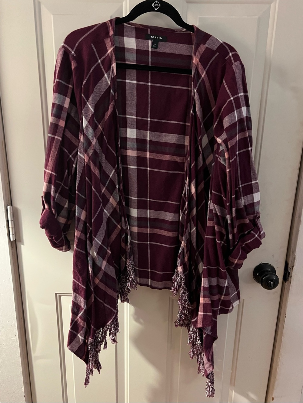 torrid Burgundy Plaid Fringe Open Drape Cardigan